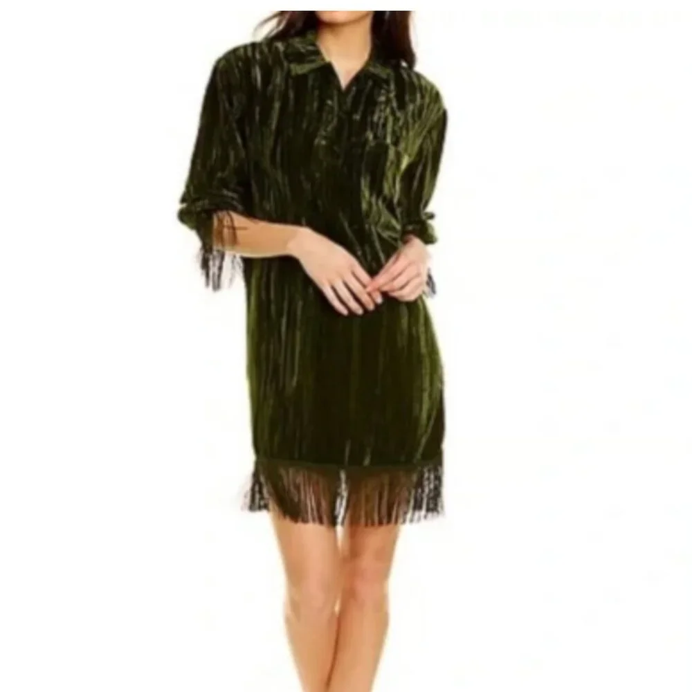 Something Navy Phoebe Long Sleeve Shirt Fringe Dress - Crushed Emerald Velvet - Picture 2 of 3